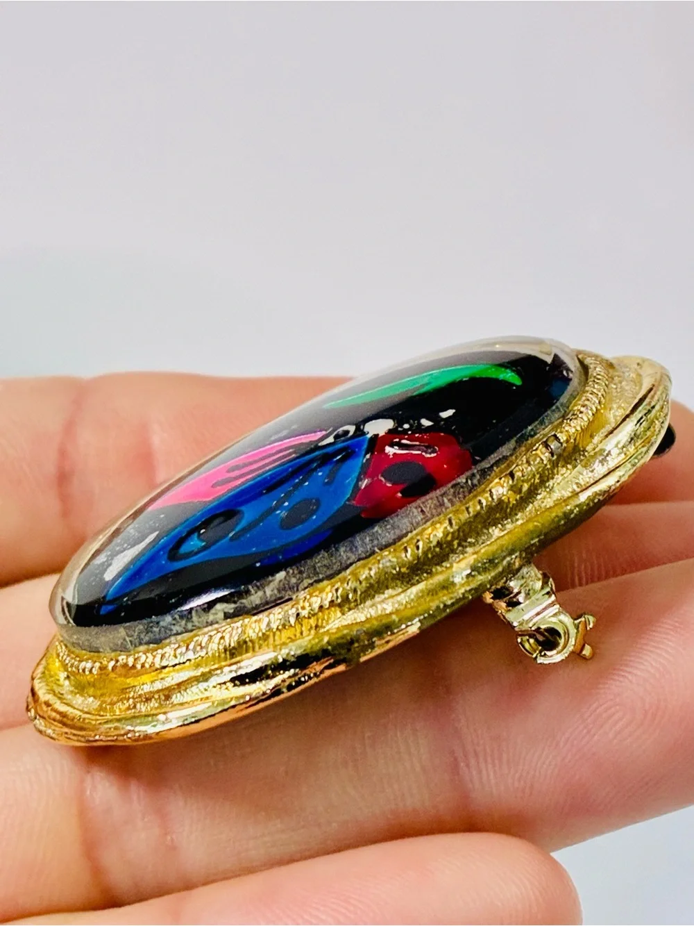 Colorful Butterfly Pendant Brooch in Gold-Tone Frame Unusual Eclectic EUC
